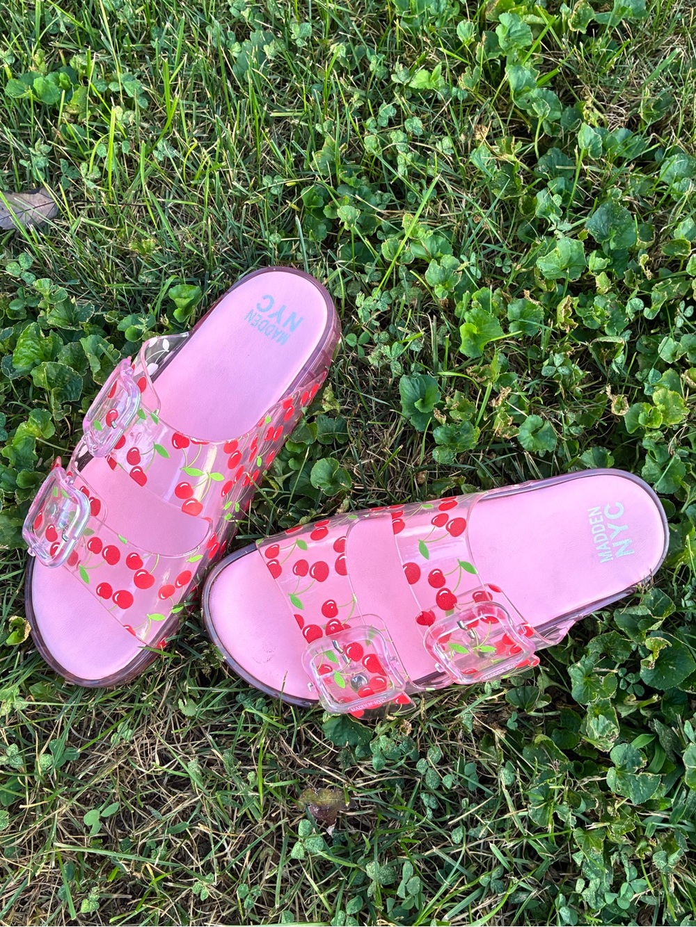 Steve Madden women’s Pink Cherry-Print Slide Sandals